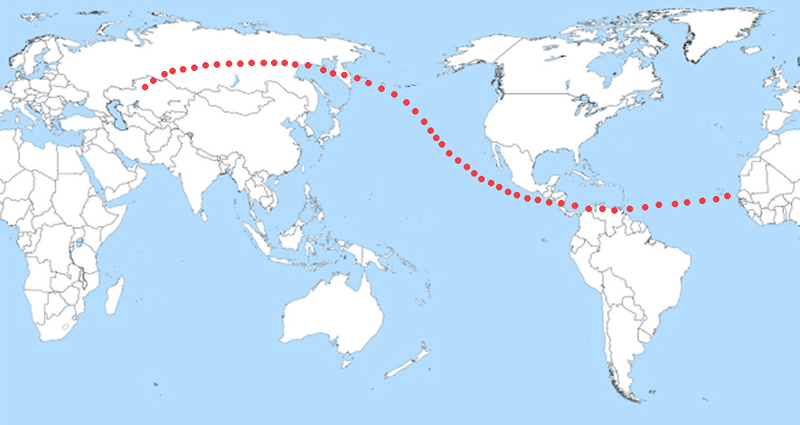 Trayectoria de riesgo donde se estimó que Apophis podría impactar en la Tierra en 2036. Más tarde se desestimó este cálculo. Wikimedia C.